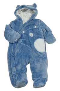 Svetlomodrá plyšová zateplená kombinéza s medvedíkom a kapucňou Mothercare