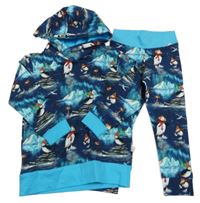 2set - Tmavomodro-tyrkysová mikina s tučňáky a kapucí + kalhoty