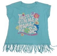 Tyrkysové tričko s nápisom a kvietkami C&A