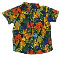 Čierno-farebná košeľa s listami a palmami a papoušky Tu