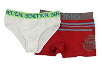 2Set - Bílo/zelené slipy s logy Benetton + červeno/hnědé boxerky s motorkou