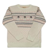 Bielo-svetloružová -čierny pletený sveter so sněhuláčky a norským vzorom