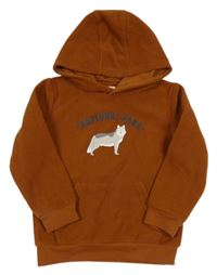 Medová fleecová mikina s vlkem a nápisem a kapsou a kapucí Topolino