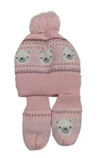 2Set - Světlerůžová pletená čepice s medvídky a vzorem a bambulí + rukavice Nutmeg
