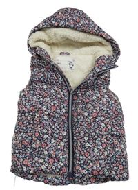Tmavomodrá kvietkovana prešívaná šušťáková zateplená vesta s kapucňou dopodopo