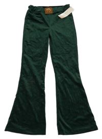 Nové - smaragdové flare plyšové nohavice s koženkou s nášivkou s vtáčky