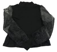 Čierny úpletový crop rolák s organzovými balonovými rukávy PEP&CO