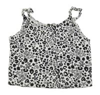 Bielo-čierny vzorovaný rebrovaný crop top s kvetmi a srdiečkami a volánikmi George