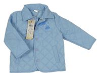 Nové - světlemodrá prošívaná šusťáková jarní zateplená bunda s auty a límečkem name it.