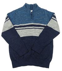 Tmavomodro-modro-sivý sveter s pruhmi a rolákom M&Co.