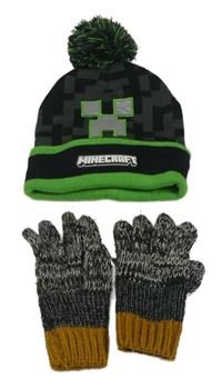 2set - Tmavošedo-černá vzorovaná čepice s Minecraft + černo-šedé melírované pletené prstové rukavice