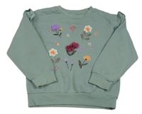 Zelenošedá mikina s kvetmi a volánikmi Primark