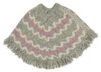 Sivo-bielo-ružové vzorované svetrové pončo