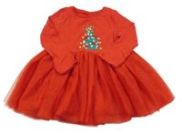 Červené bavlněno/tylové šaty se stromkem s flitry a bambulemi Tu