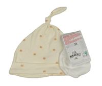 2set - Smetanová květovaná bavlněná čepice + bílé rukavičky