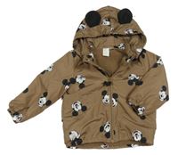 Hnědá šusťáková lehce zateplená bunda s Mickeym a kapucí H&M