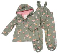 2set - Khaki květovaná nepromokavá podzimní bunda s kapucí + laclové kalhoty Topolino