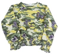 Army žlto-zeleno-biela crop oversize mikina s motýlikmi Lindex