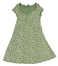 Zeleno-biele kvetované rebrované šaty Bershka