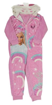 Ružová plyšová kombinéza s Barbie a kapucňou