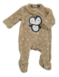 Hnedý bodkovaná ý plyšový overal s tučňákem