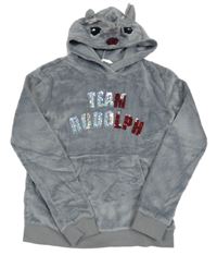 Šedá plyšová mikina s nápisem z flitrů a kapucí - sob H&M