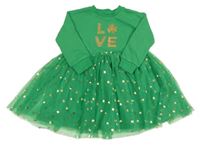 Zelené teplákové šaty s tylovou sukní a nápisem z flitrů Primark