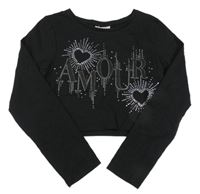 Černé crop triko s kamínky a nápisem Matalan