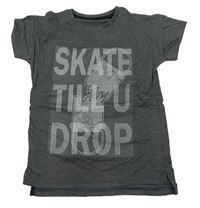Tmavosivé melírované tričko so skateboardom a nápisom Tu