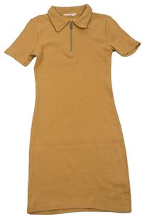 Hnedé rebrované elastické košeľové šaty so zipsom Matalan