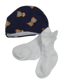 2set - Modrá čapica s medvídky + biele ponožky