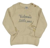 Béžový sveter s králíčky a nápisom