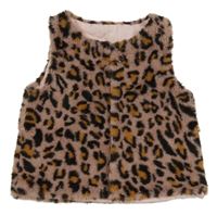 Ružovo-okrovo-čierna kožušinová podšitá vesta s leopardím vzorom