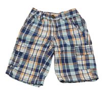 Světlemodro-bielo-oranžové kockované plátenné kraťasy Kiki&Koko