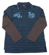 Modro-hnedé pruhované polo tričko s nápismi S. Oliver