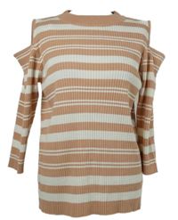 Dámský růžovo-bílý pruhovaný žebrovaný svetr s průstřihy na ramenou Brave Soul 