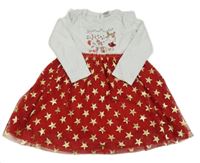 Bielo-červené bavlněno/tylové šaty s obrázkom a hviezdičkami Tu