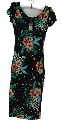 Nové - Dámske čierne elastické šaty s kvetmi Primark vel. 32