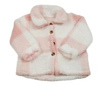 Svetloružová -biela kockovaná huňatá košeľová bunda