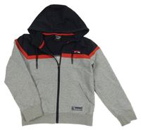 Tmavomodro-červeno-sivá prepínaci mikina s nápisom a kapucňou