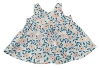 Nové - Bielo-petrolejové kvetované šaty s mašlou