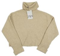 Nové - Béžový rebrovaný pletený crop rolák Zara