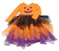 Kockovaným - Oranžovo-čeno-fialové bavlněno/tylové šaty - tekvica Primark