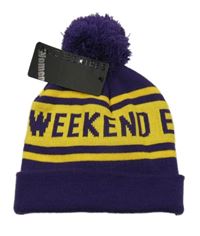 Nové - Fialovo-žlutá pruhovaná pletená čepice s nápisem Accessoires 