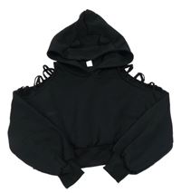 Čierna crop mikina s volnými rameny a kapucňou Shein