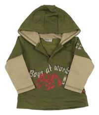 Kaki-béžová mikina s bágrom a kapucňou