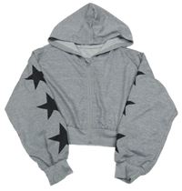 Sivá melírovaná prepínaci crop mikina s hviezdami a kapucňou
