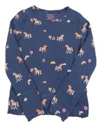 Tmavomodré žebrované triko s jednorožci Next