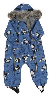 Modrá šusťáková prošívaná zimní kombinéza s Mickeym a kapucí + rukavice 