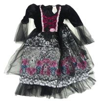 Kockovaným - Čierno-ružové sametovo/tylové šaty s lebkami a kvietkami